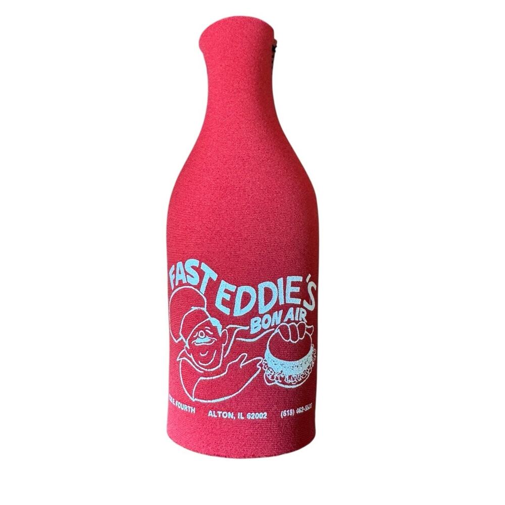 Fast Eddie’s Bon Air Alton IL Red Bottle Koozie Sleeve Beer Cover‎ VTG Bar Promo